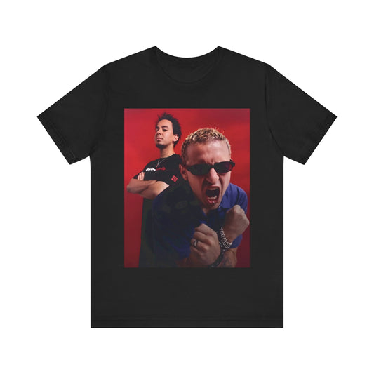 A black graphic t-shirt featuring a 2000s alt-rock aesthetic graphic of Linkin Park.