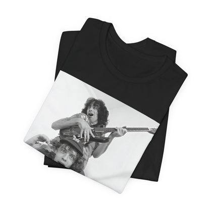 A black graphic t-shirt featuring a split image of AC/DC's Bon Scott and Angus Young, representing the band's iconic duo.