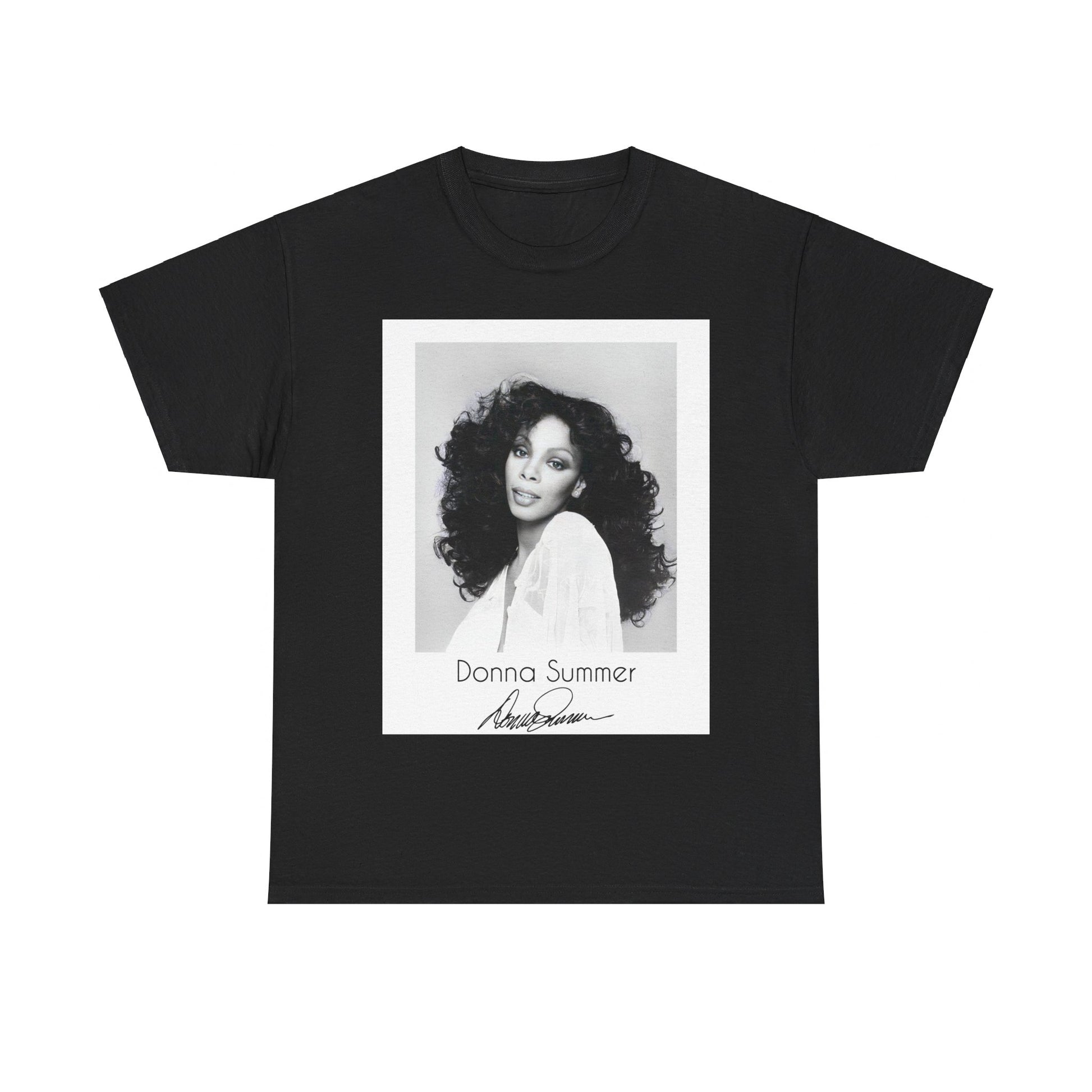 A black graphic t-shirt featuring a portrait of Donna Summer, possibly with her signature or iconic elements.