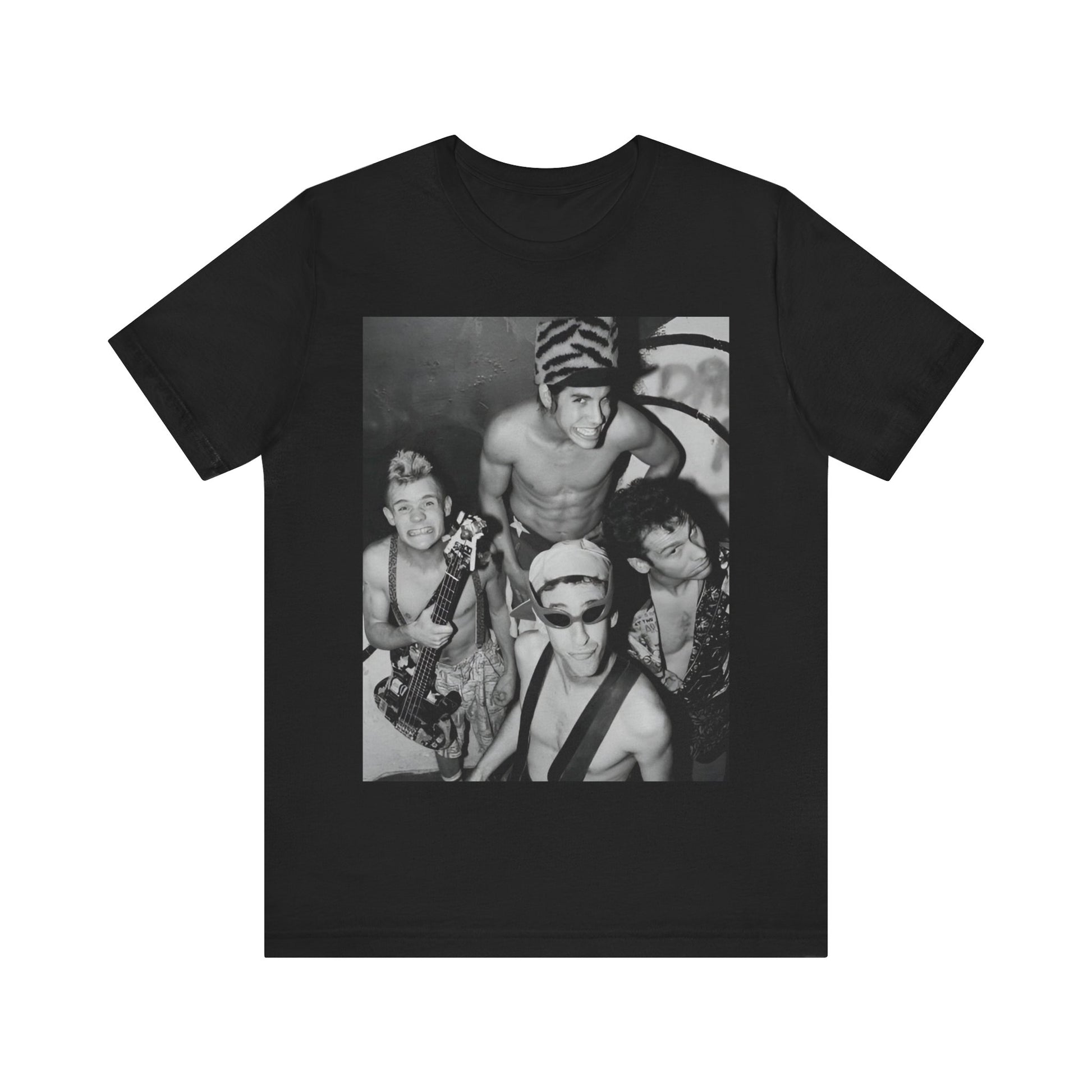 A black graphic t-shirt featuring an 80s vintage funk rock graphic of Red Hot Chili Peppers.