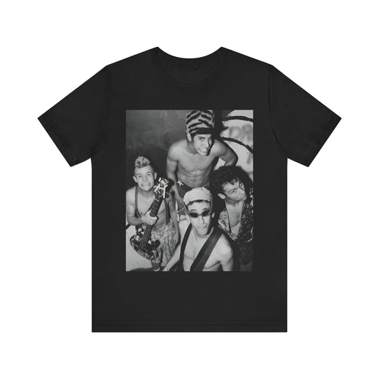 A black graphic t-shirt featuring an 80s vintage funk rock graphic of Red Hot Chili Peppers.