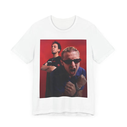 A black graphic t-shirt featuring a 2000s alt-rock aesthetic graphic of Linkin Park.