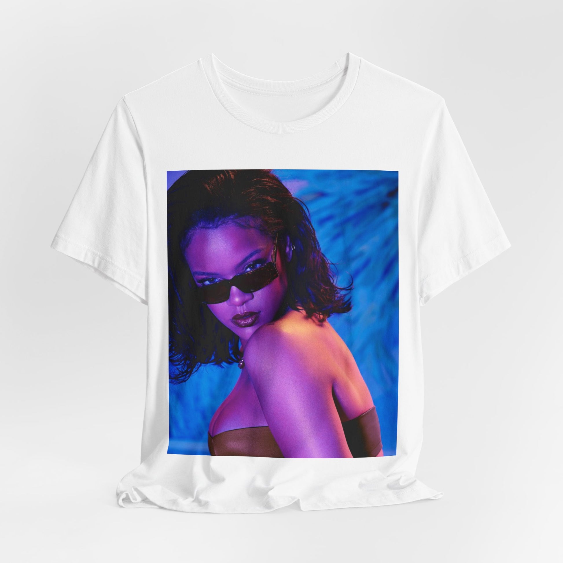 A black graphic t-shirt featuring a retro graphic related to Rihanna's 'Umbrella' song or era.