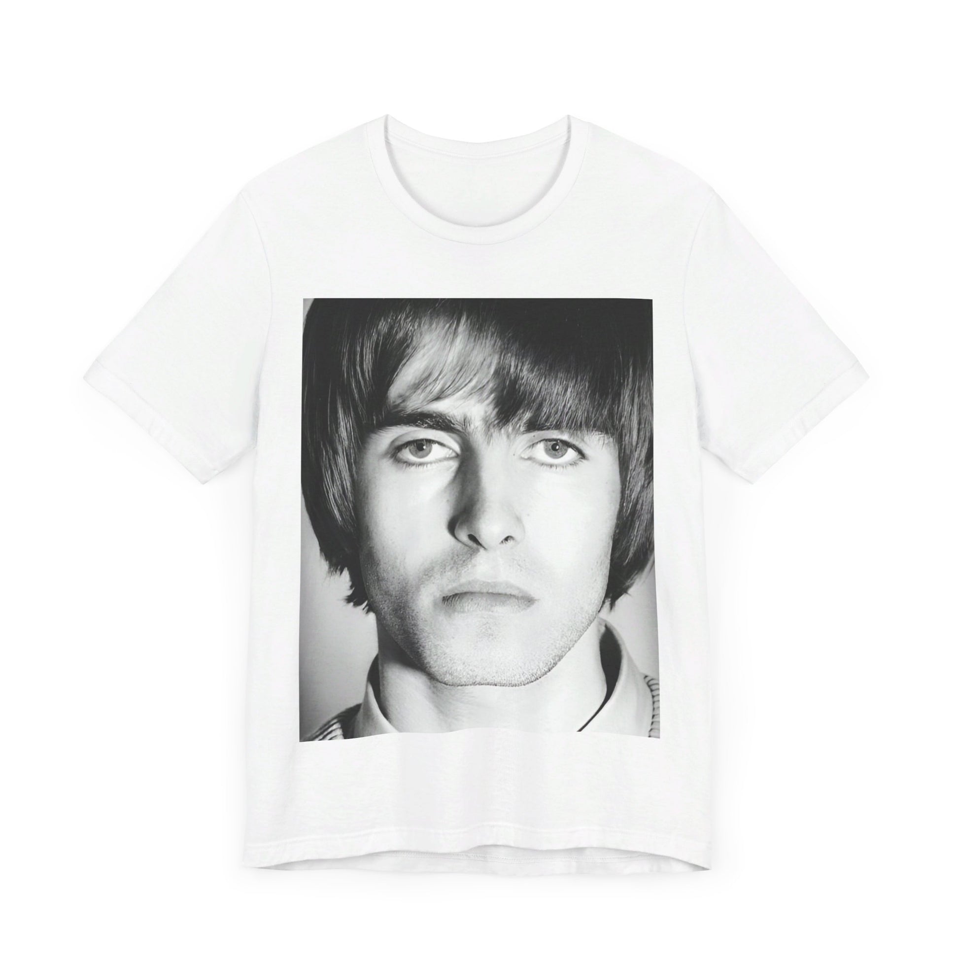 A black graphic t-shirt featuring a 90s portrait photo of Liam Gallagher from Oasis.