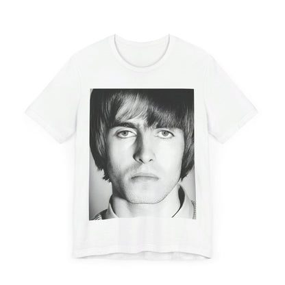 A black graphic t-shirt featuring a 90s portrait photo of Liam Gallagher from Oasis.