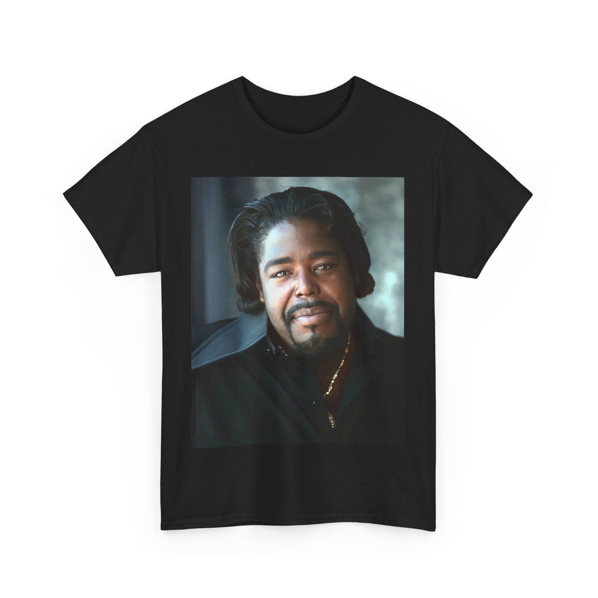 A black graphic t-shirt featuring a retro pop art portrait graphic of Barry White from the 1970s.