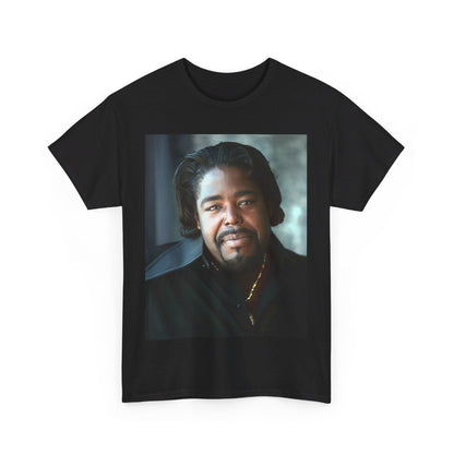 A black graphic t-shirt featuring a retro pop art portrait graphic of Barry White from the 1970s.
