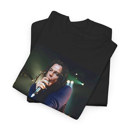 A black graphic t-shirt featuring a graphic related to INXS's 'Elegantly Wasted' album era.