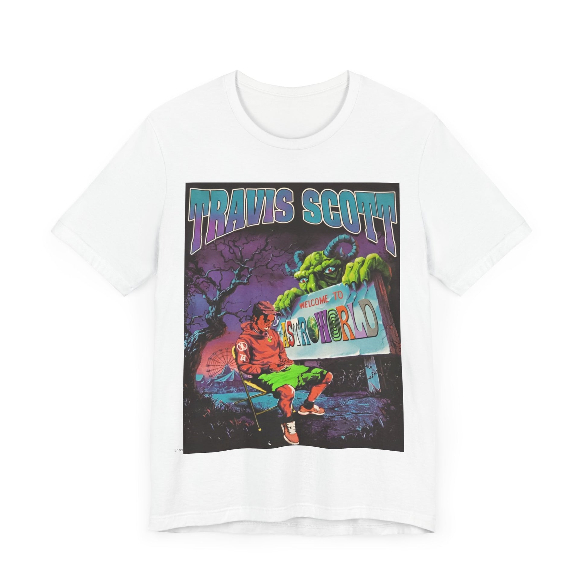 A black graphic t-shirt featuring a vintage graphic related to Travis Scott's Astroworld album.