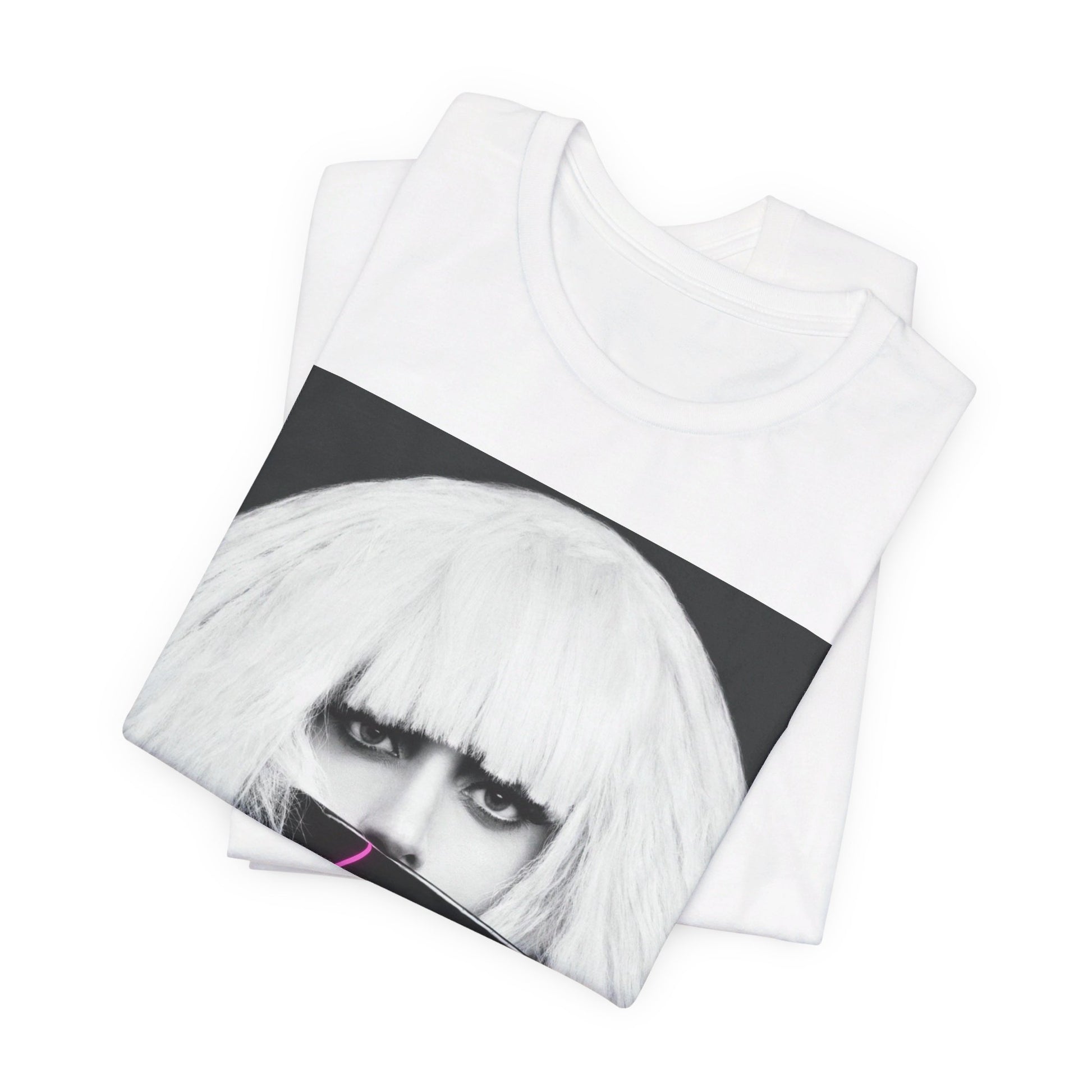 A black graphic t-shirt featuring a graphic related to Lady Gaga's 'Chromatica' album era.
