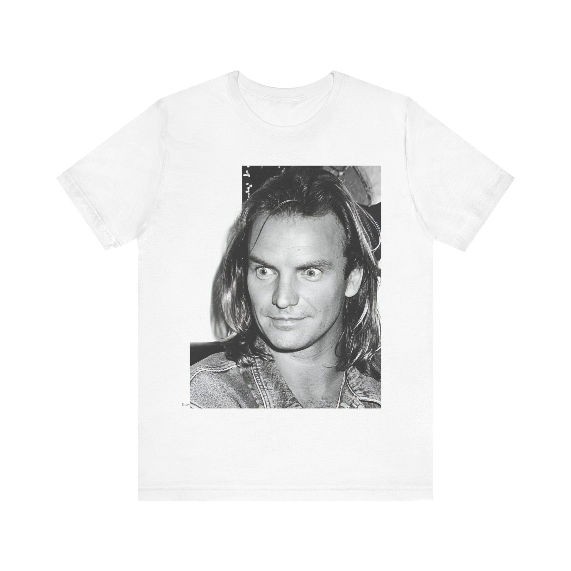 A black graphic t-shirt featuring a retro graphic related to Sting's 'Synchronicity' album era.