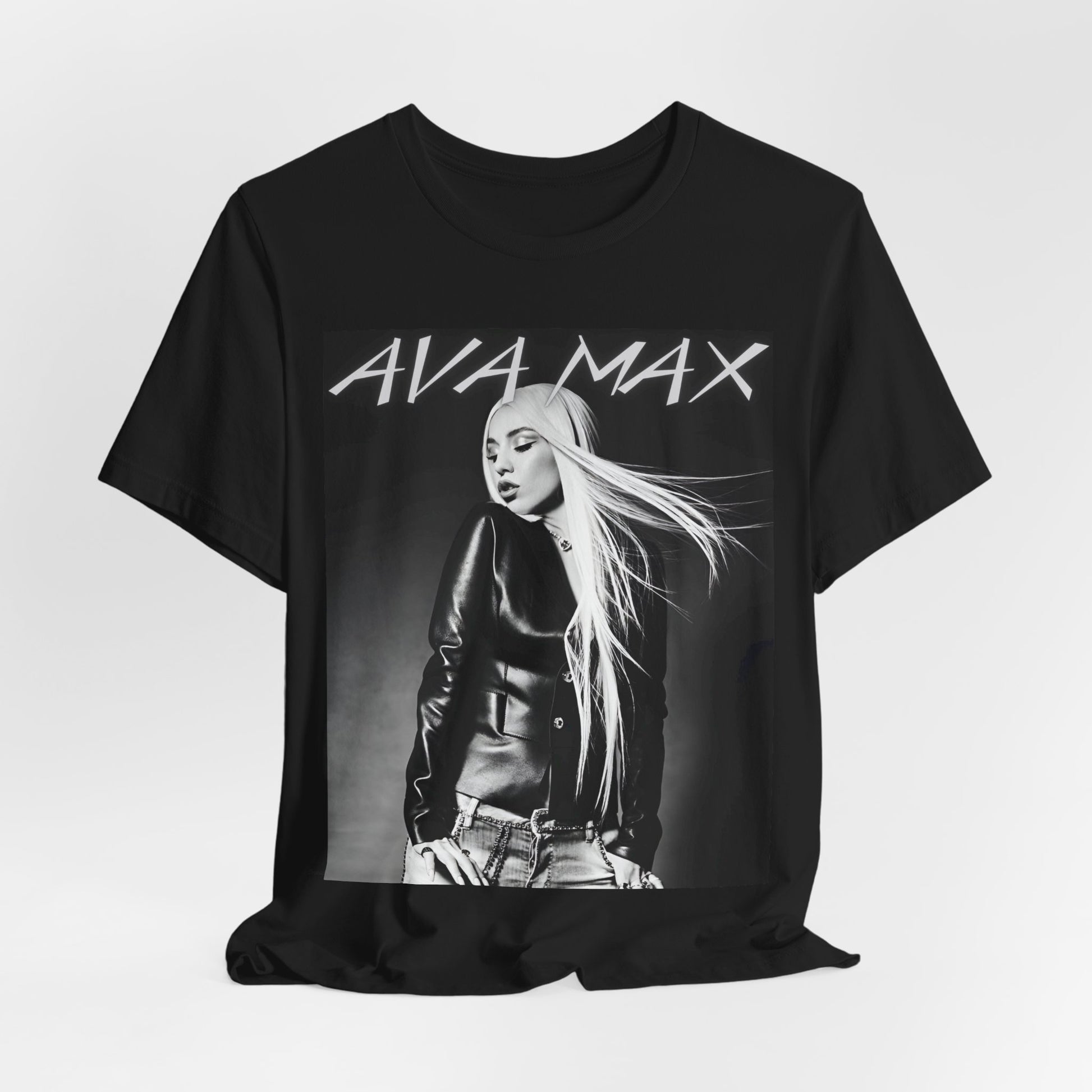 A black graphic t-shirt featuring a black and white portrait photo of Ava Max.