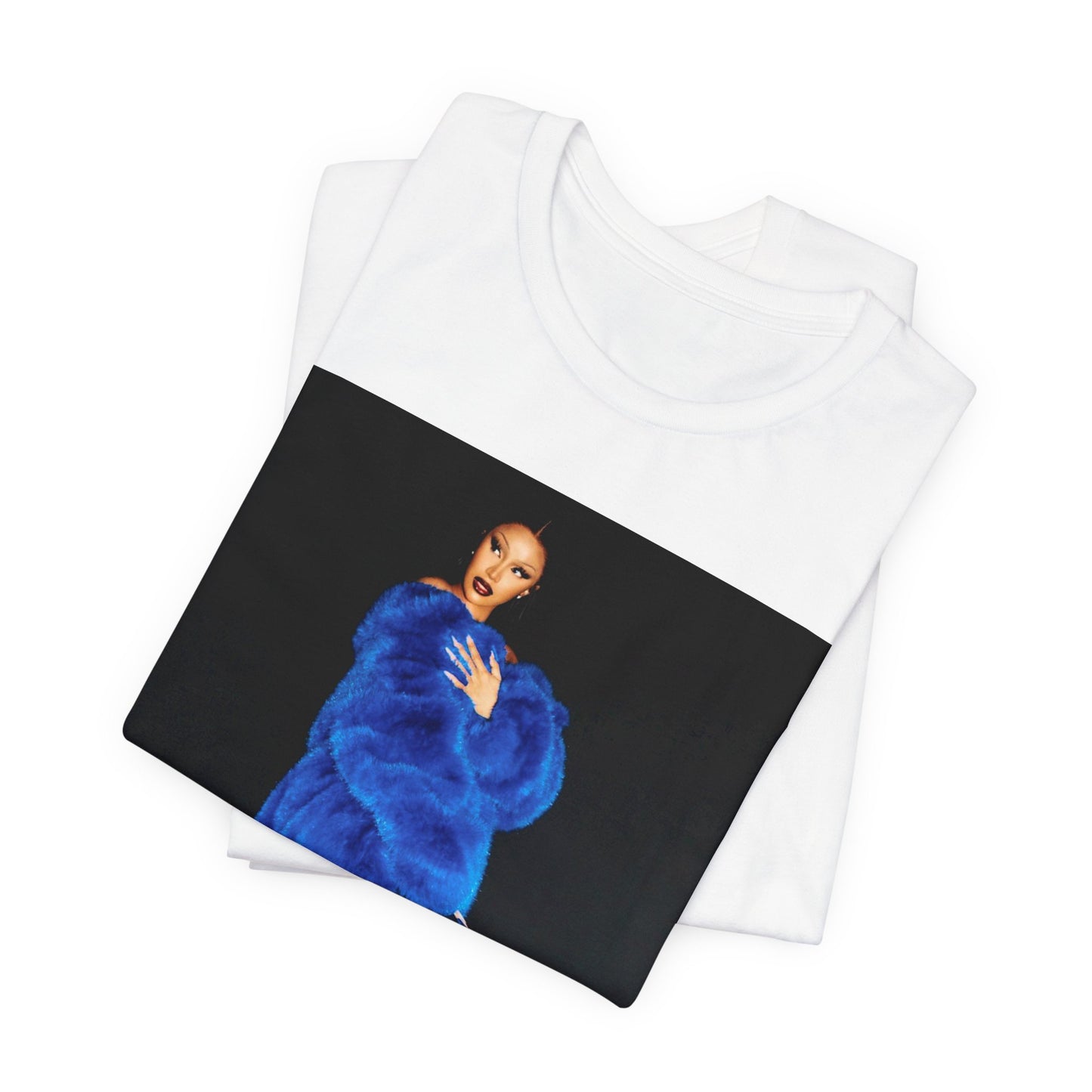 A black graphic t-shirt featuring a photo of Cardi B, possibly with blue velvet elements or a luxurious blue aesthetic.