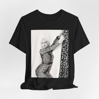 A black graphic t-shirt featuring a black and white, wild-style graphic of Blondie, emphasizing their untamed spirit.