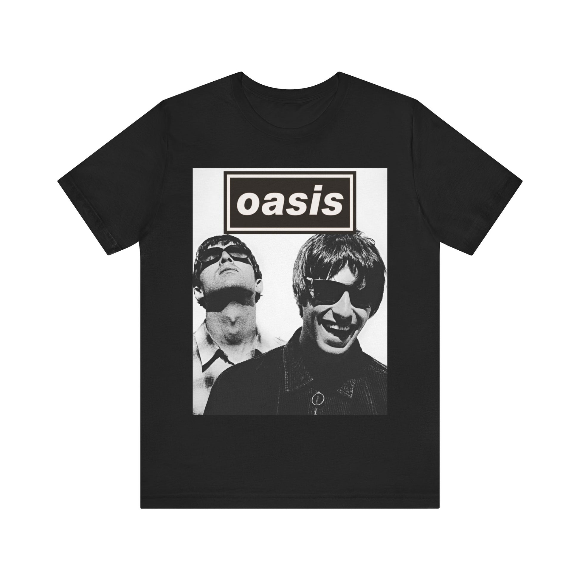 A black graphic t-shirt featuring a bold rock superstar graphic of Oasis.