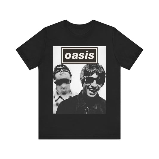 A black graphic t-shirt featuring a bold rock superstar graphic of Oasis.