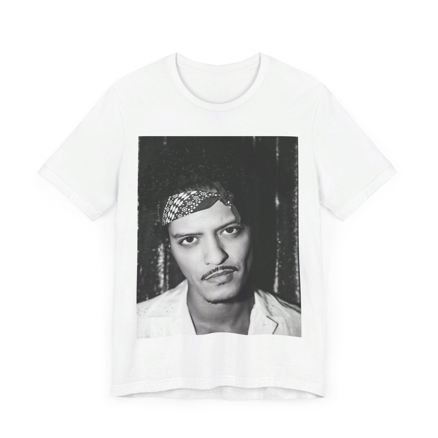 A black graphic t-shirt featuring a graphic of Bruno Mars with an old school groove aesthetic.