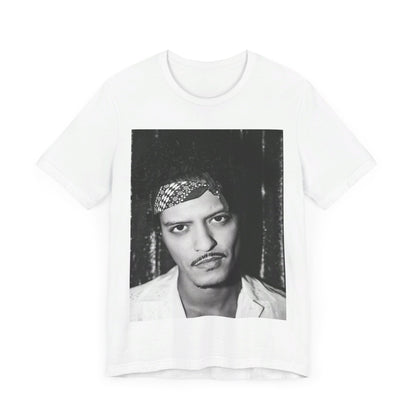 A black graphic t-shirt featuring a graphic of Bruno Mars with an old school groove aesthetic.
