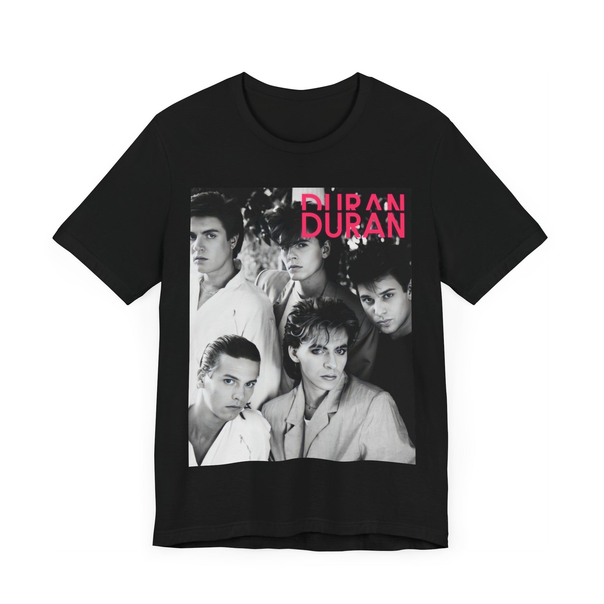 A black graphic t-shirt featuring a black and white graphic or photo of Duran Duran, designed with an 80s retro aesthetic.