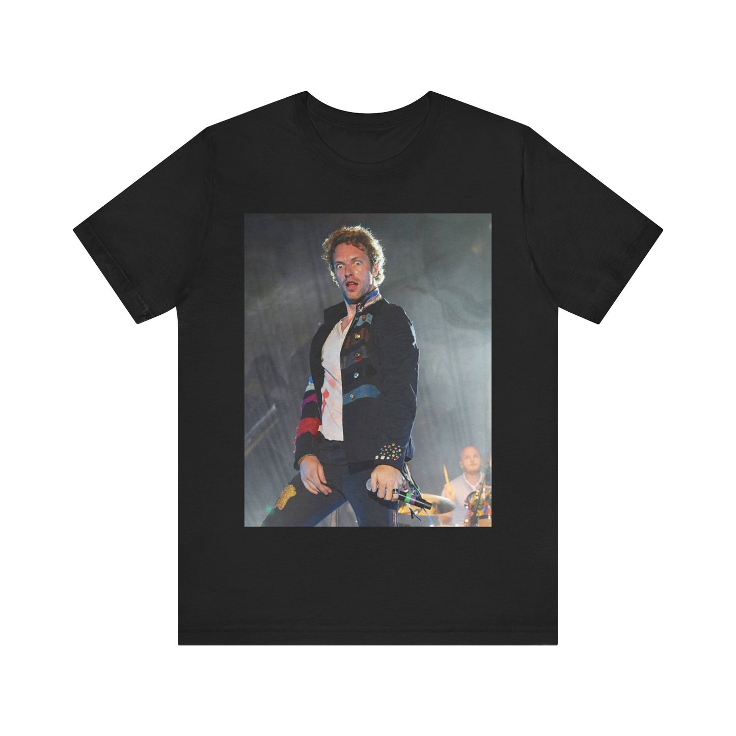 A black graphic t-shirt featuring a vintage graphic of Coldplay performing live acoustically.