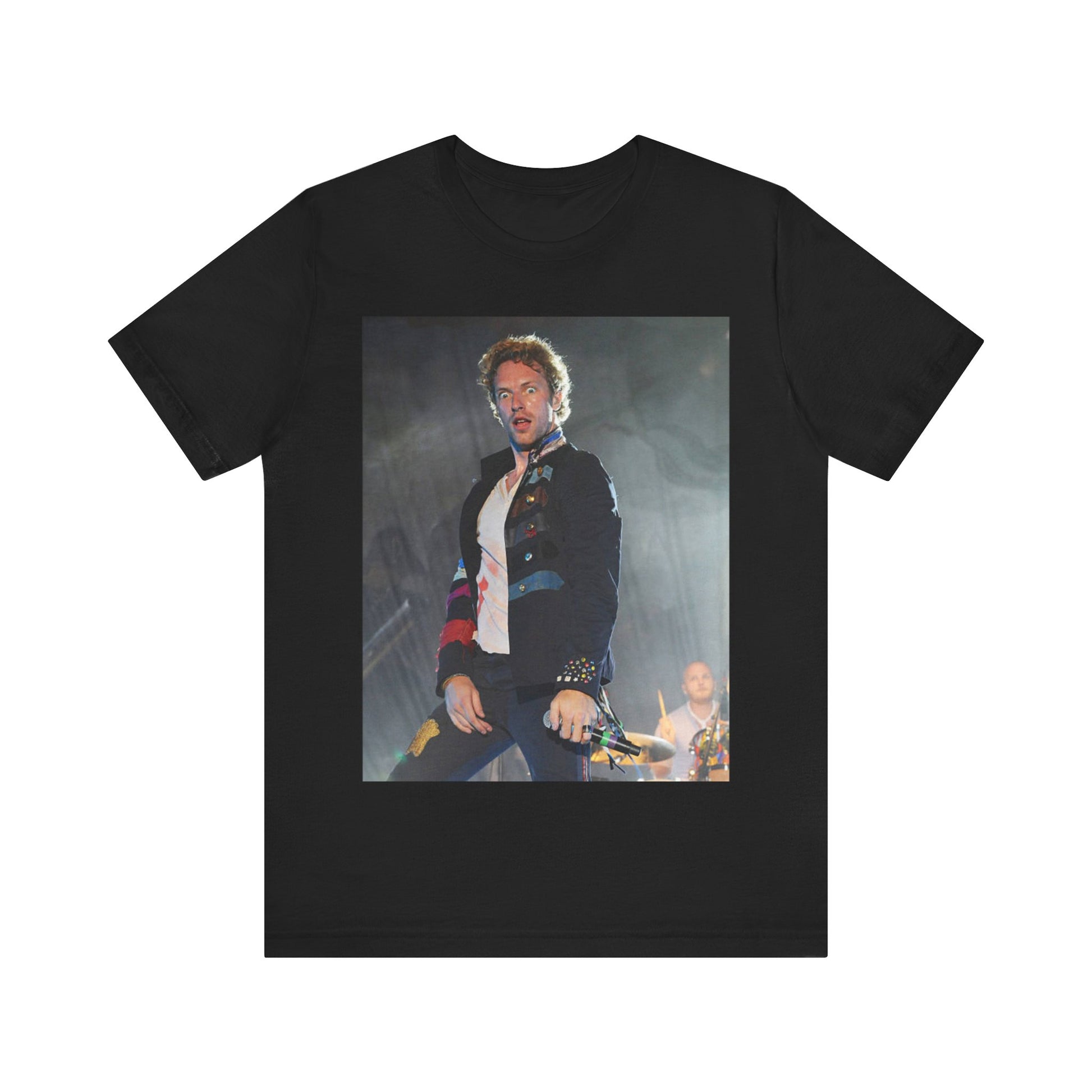 A black graphic t-shirt featuring a vintage graphic of Coldplay performing live acoustically.