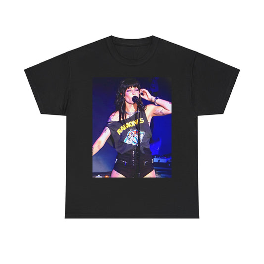 A black graphic t-shirt featuring a vintage graphic of Halsey as a pop rebel on stage.