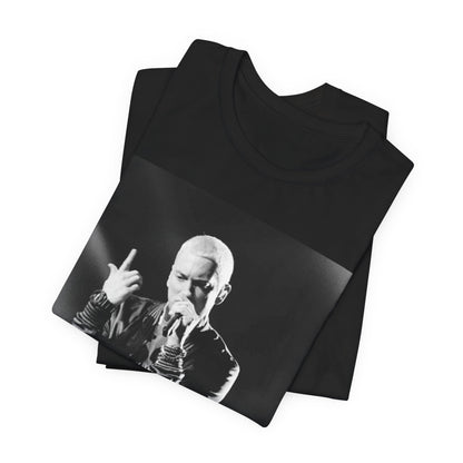 A black graphic t-shirt featuring a graphic or photo of Eminem performing live on stage.