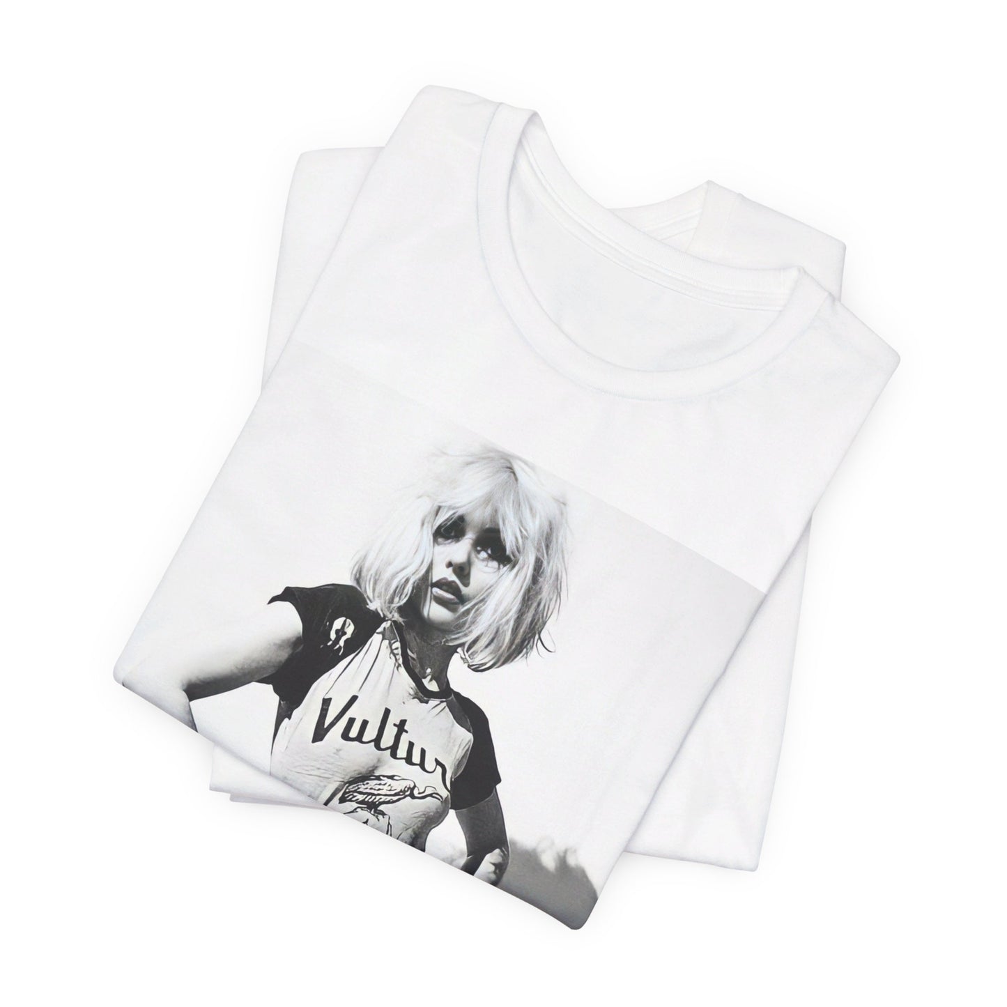 A black graphic t-shirt featuring a 70s punk graphic for Blondie, possibly with a 'vulture' motif or raw, edgy artwork.