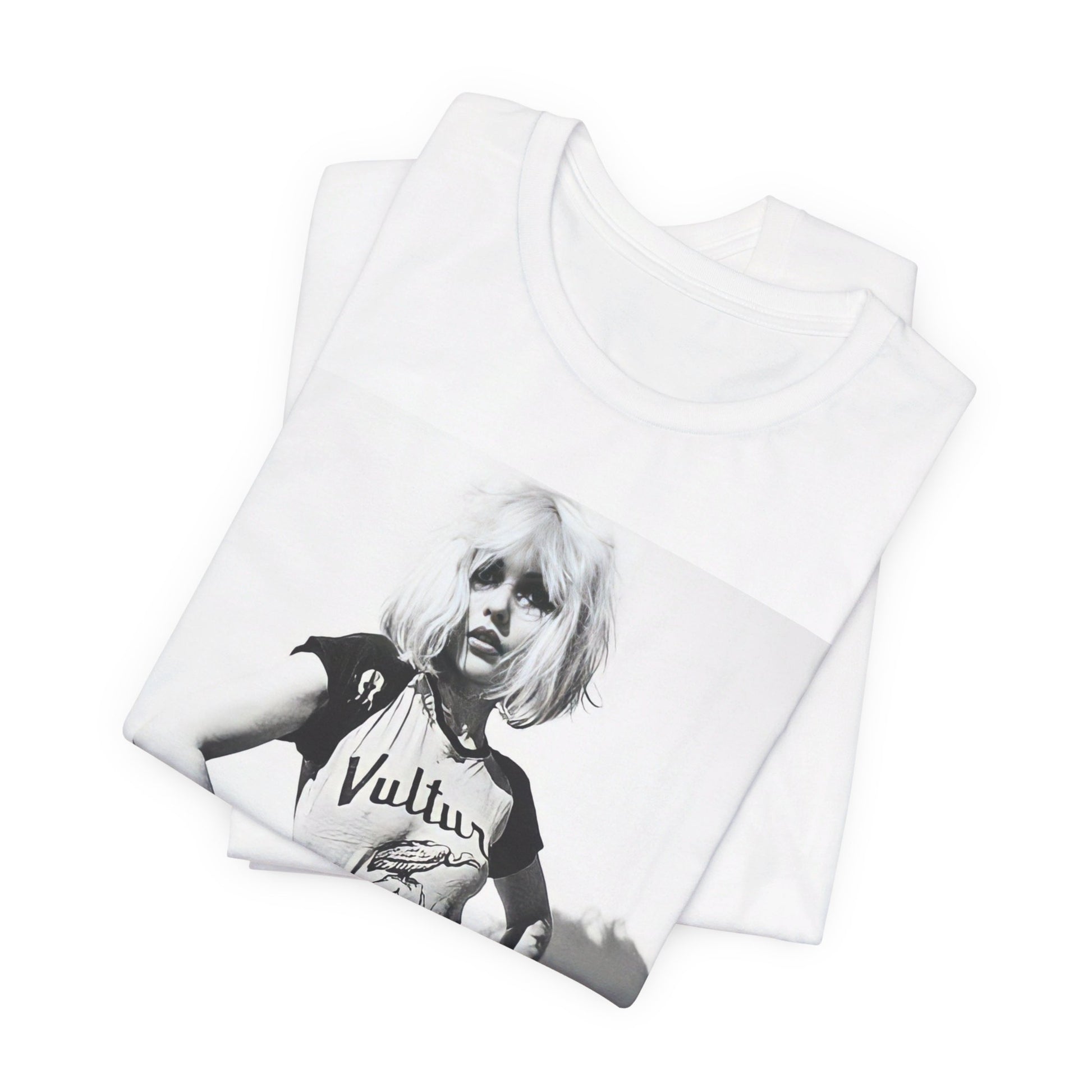 A black graphic t-shirt featuring a 70s punk graphic for Blondie, possibly with a 'vulture' motif or raw, edgy artwork.