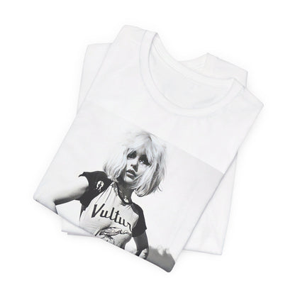 A black graphic t-shirt featuring a 70s punk graphic for Blondie, possibly with a 'vulture' motif or raw, edgy artwork.