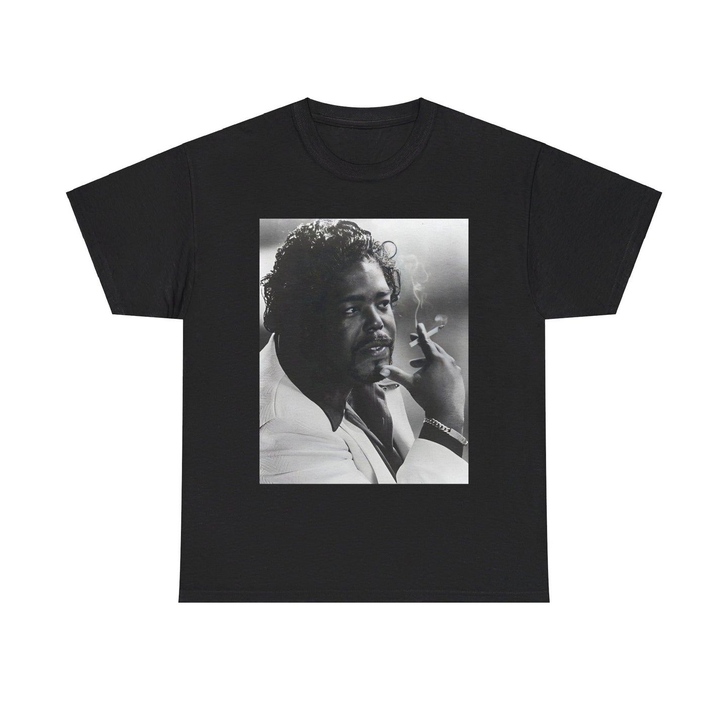 A black graphic t-shirt featuring a black and white graphic or portrait of Barry White from the 1970s.