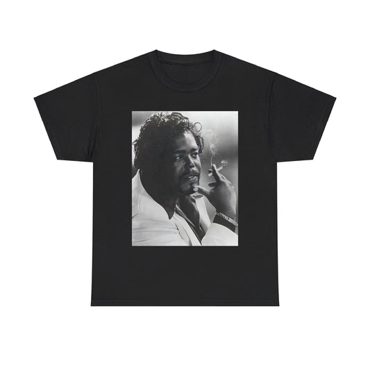 A black graphic t-shirt featuring a black and white graphic or portrait of Barry White from the 1970s.