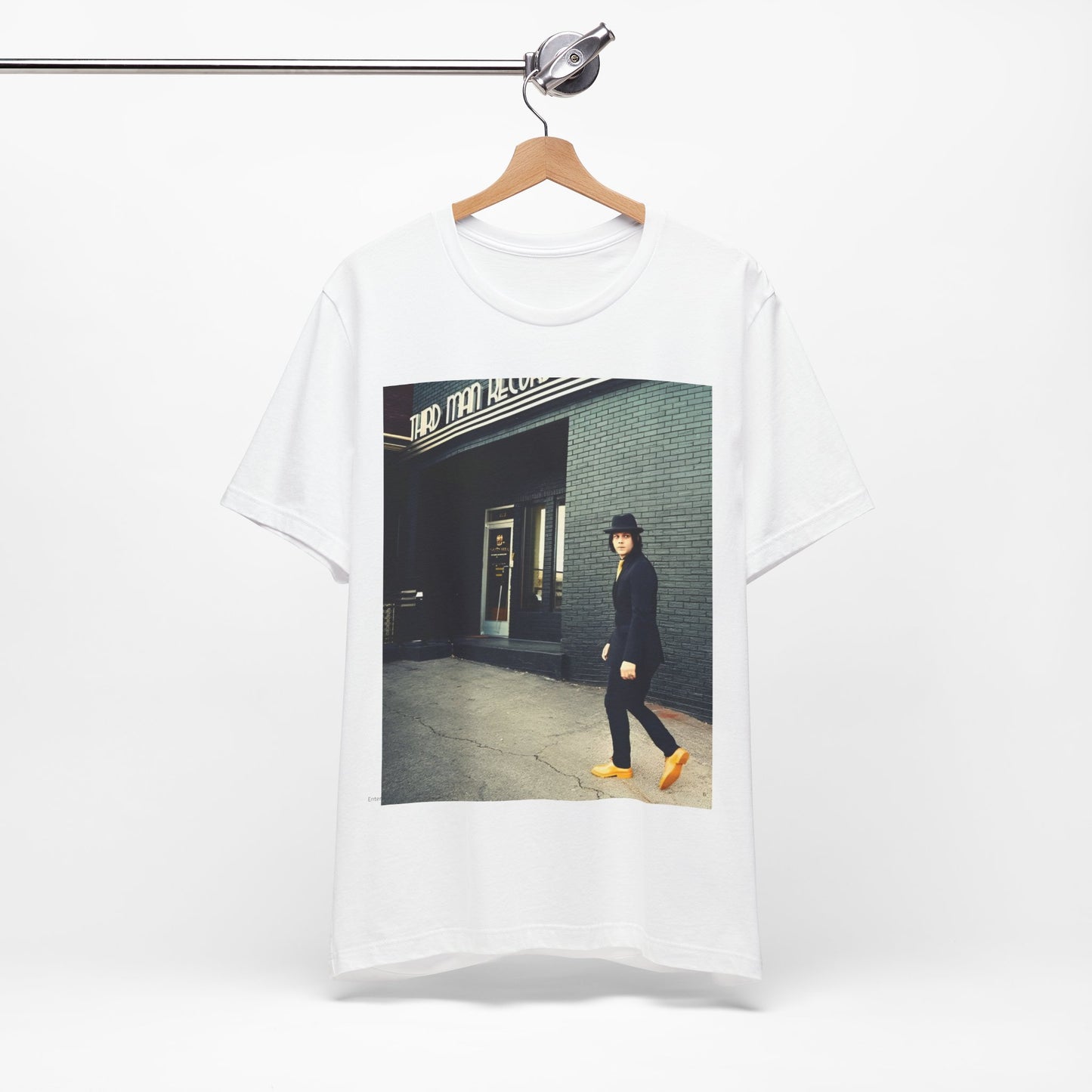 A black graphic t-shirt featuring a garage rock graphic of The White Stripes.