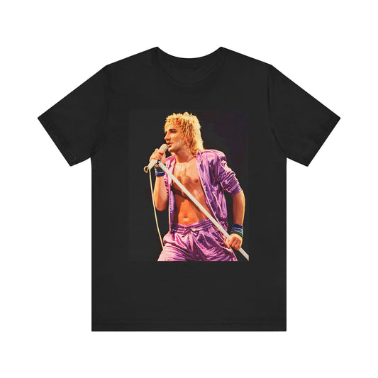 A black graphic t-shirt featuring a retro graphic related to Rod Stewart's 'Do Ya Think I'm Sexy' song or era.