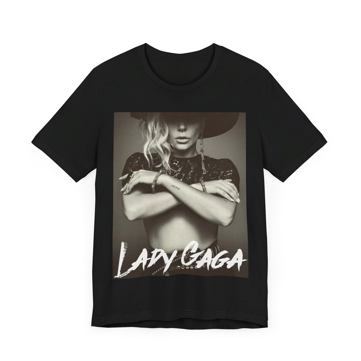 A black graphic t-shirt featuring a bold graphic of Lady Gaga as a pop superstar.