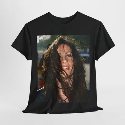 A black graphic t-shirt featuring a stylized graphic of Alanis Morissette from her 90s grunge era, with a raw and intense aesthetic.