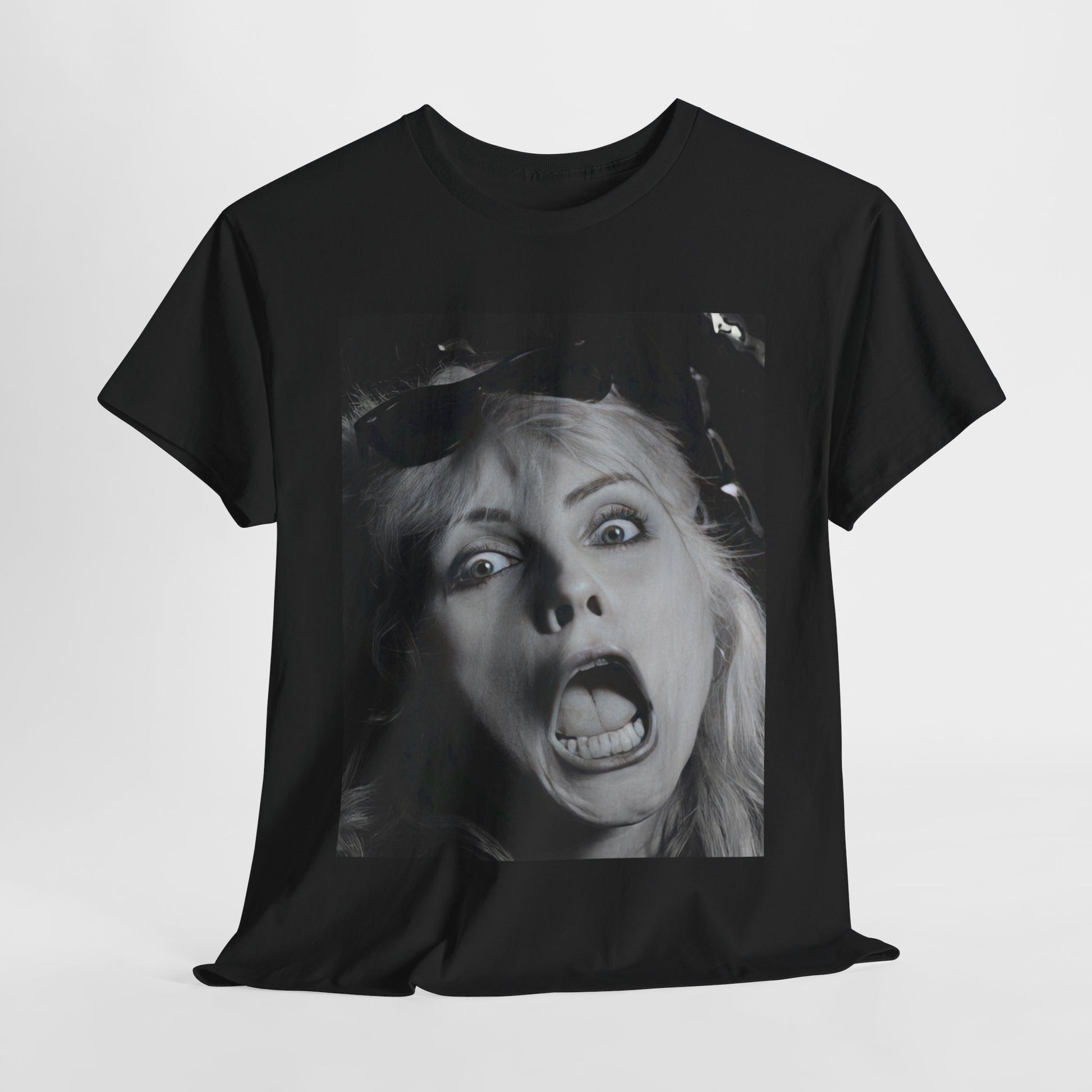 A black graphic t-shirt featuring a retro pop-style graphic of Debbie Harry from Blondie.