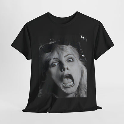 A black graphic t-shirt featuring a retro pop-style graphic of Debbie Harry from Blondie.