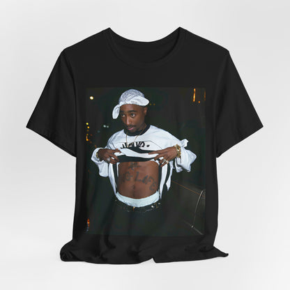 A black graphic t-shirt featuring a graphic of Tupac Shakur (2Pac).