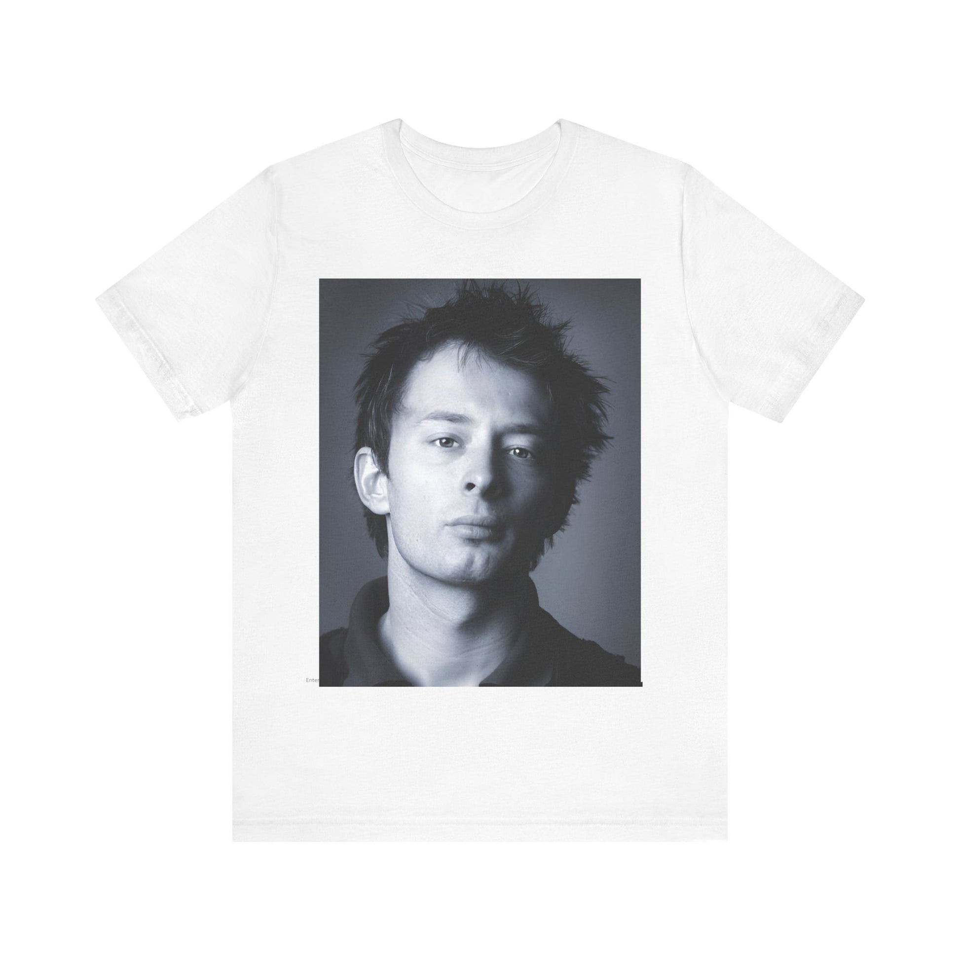 A black graphic t-shirt featuring an enigmatic graphic of Thom Yorke from Radiohead as a frontman.