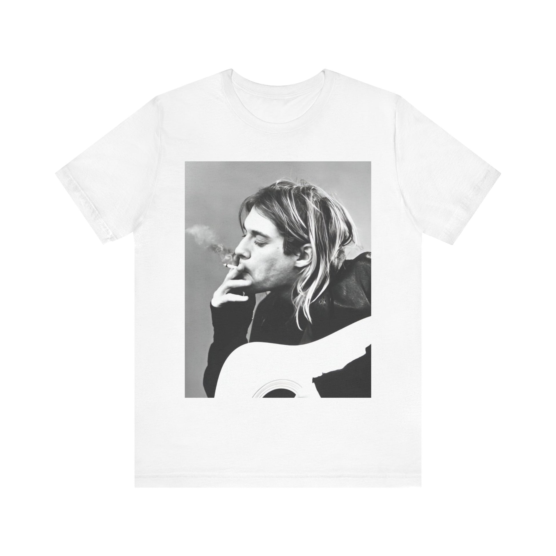 A black graphic t-shirt featuring a vintage photo of a Nirvana member with a cigarette.