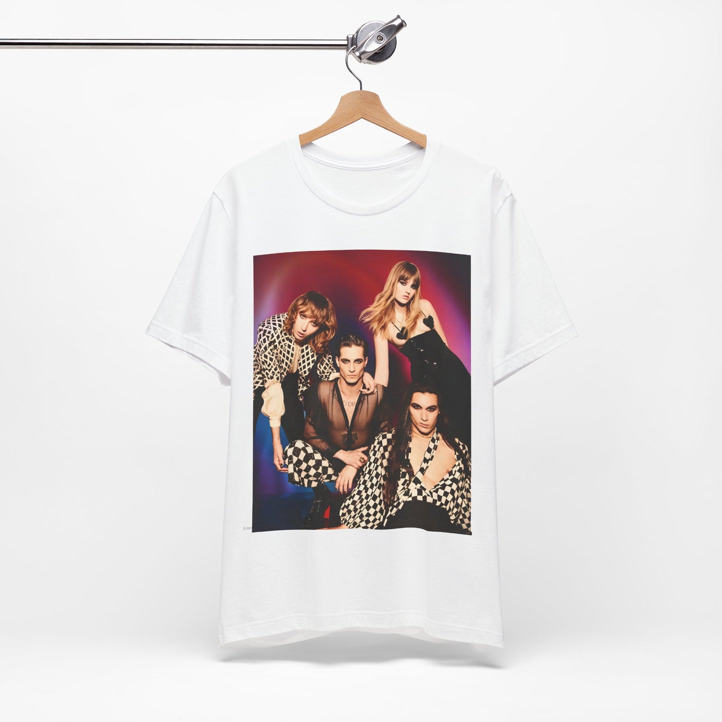 A black graphic t-shirt featuring a vintage glam rock graphic of Maneskin.