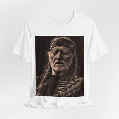 A black graphic t-shirt featuring a graphic of Willie Nelson with his iconic braids style.