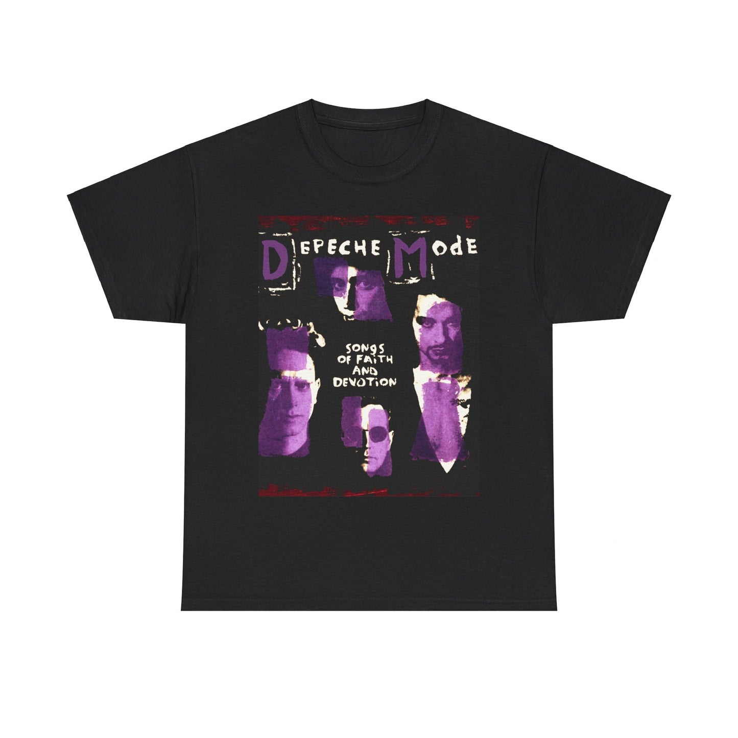 A black graphic t-shirt featuring a graphic related to Depeche Mode's 'Songs of Faith and Devotion' album.