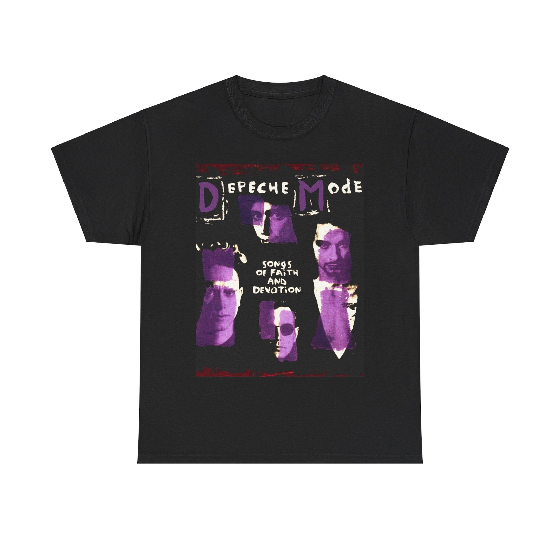 A black graphic t-shirt featuring a graphic related to Depeche Mode's 'Songs of Faith and Devotion' album.