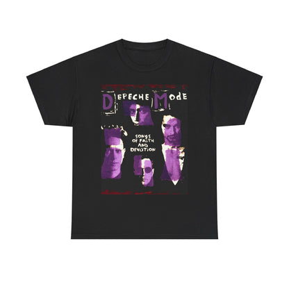 A black graphic t-shirt featuring a graphic related to Depeche Mode's 'Songs of Faith and Devotion' album.