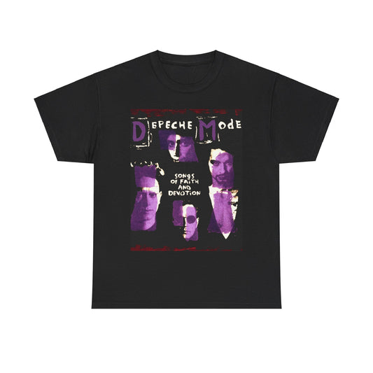 A black graphic t-shirt featuring a graphic related to Depeche Mode's 'Songs of Faith and Devotion' album.