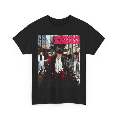 A black graphic t-shirt featuring a graphic of Duran Duran with a chill 80s pop vibe.