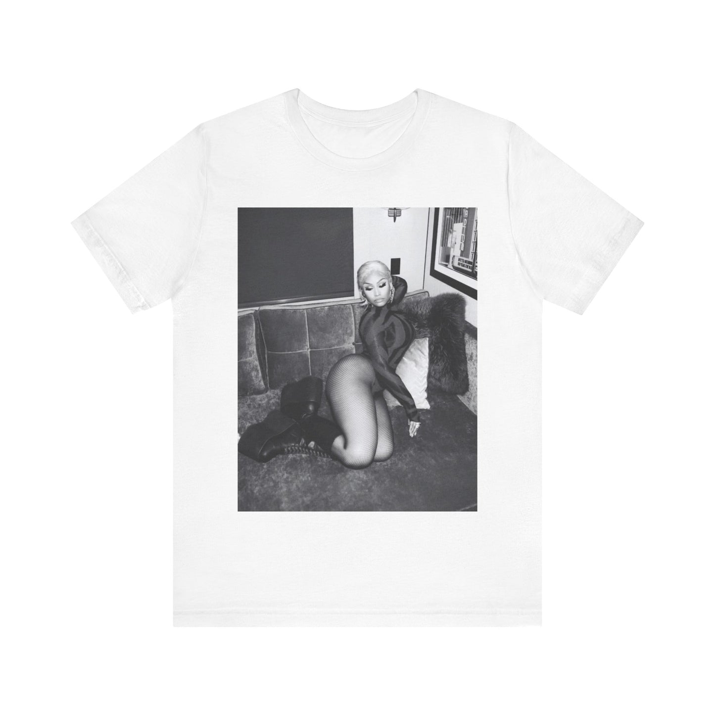 A black graphic t-shirt featuring a fierce black and white glamour graphic of Nicki Minaj.
