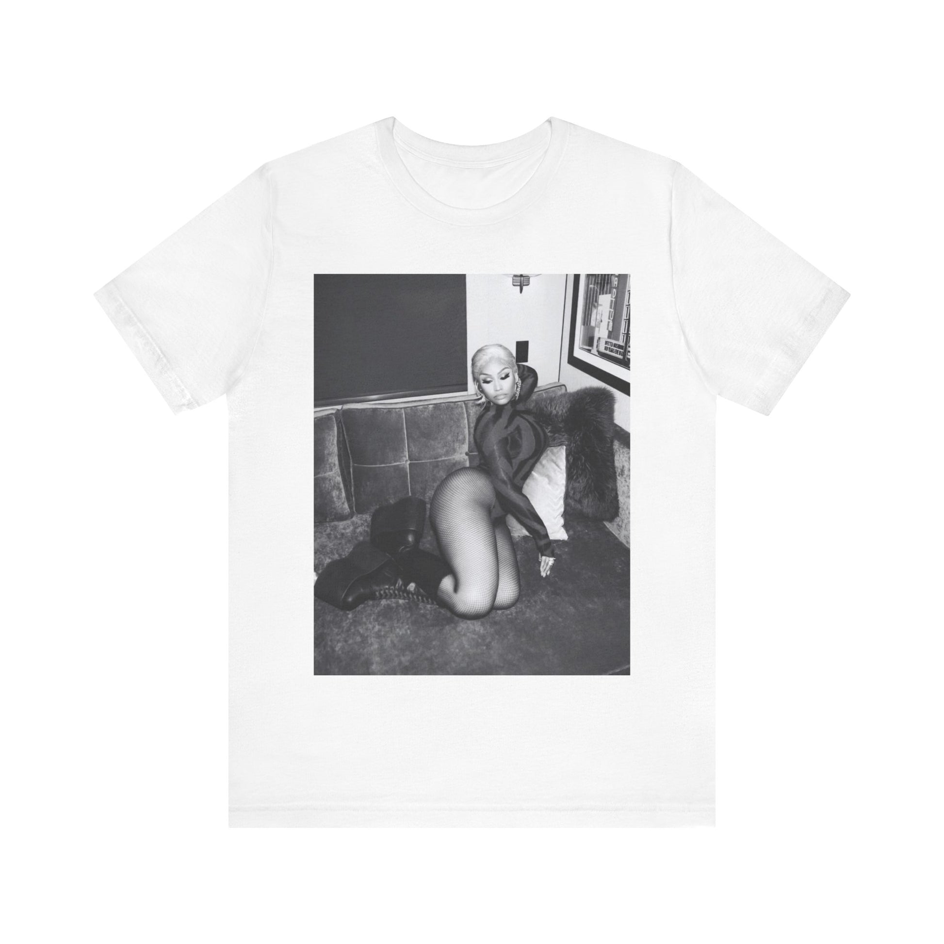 A black graphic t-shirt featuring a fierce black and white glamour graphic of Nicki Minaj.